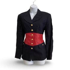Rickie Freeman Blue Linen and Red Leather Colorblock Blazer